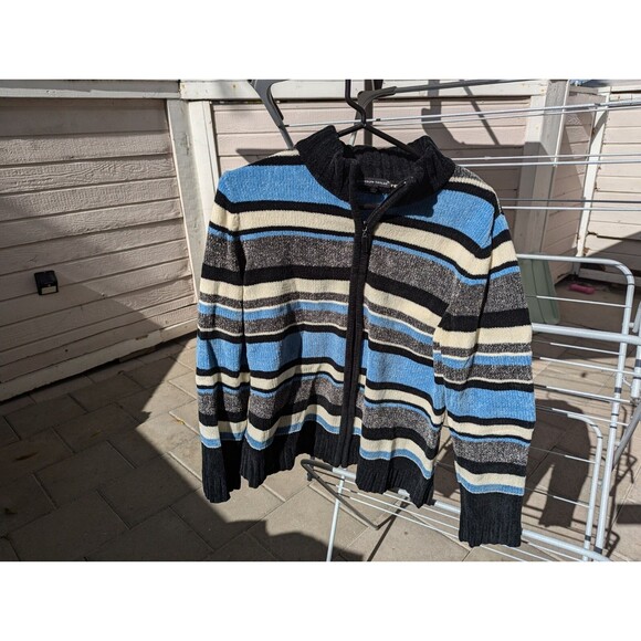 Carolyn Taylor Size Small Baby Blue White And Black Striped Knit Zip Up Sweater - Picture 8 of 12